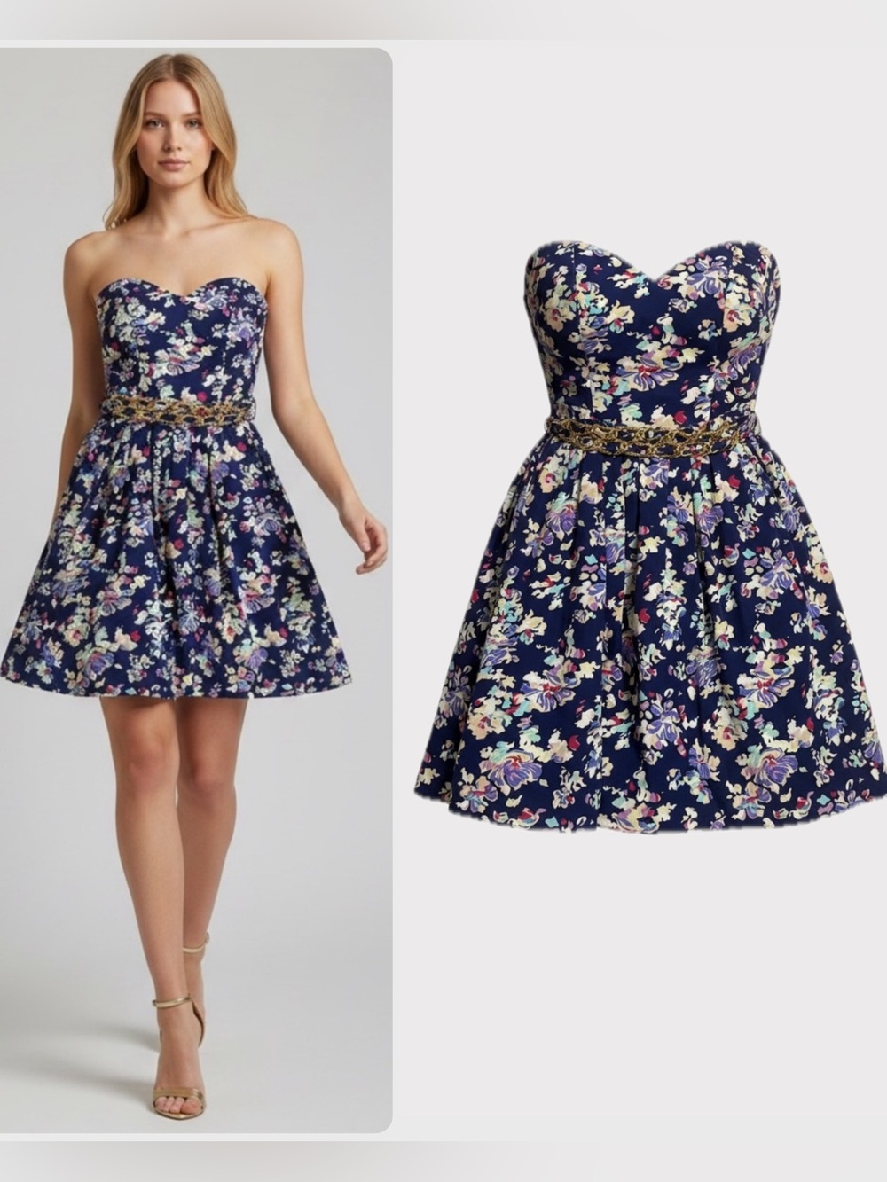 Zimmermann SILK Navy Floral Strapless Sweetheart Chain-Belt Dress $795